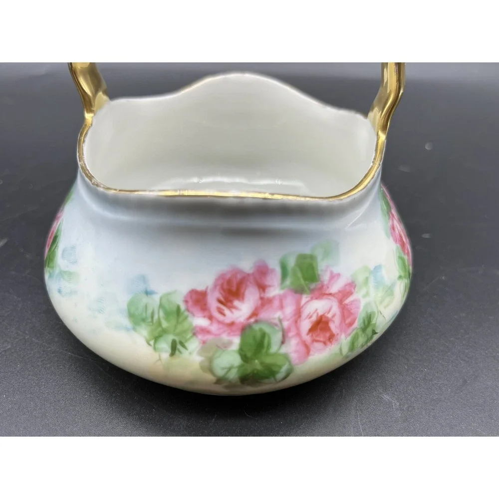 Antique Handmade/ Hand painted German Porcelain Gold Handle Basket w Roses